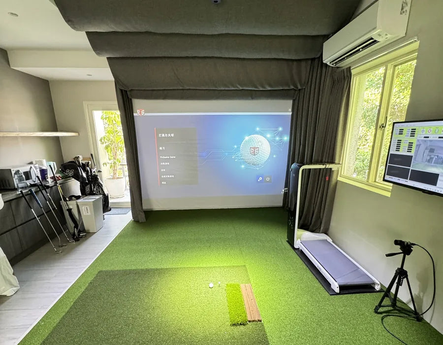 Power Swing installed in a compact home golf room