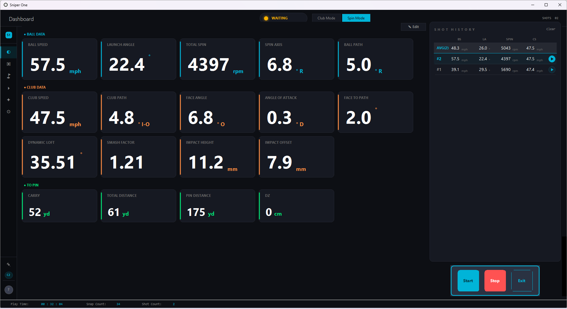 Sniper dashboard with ball and club data