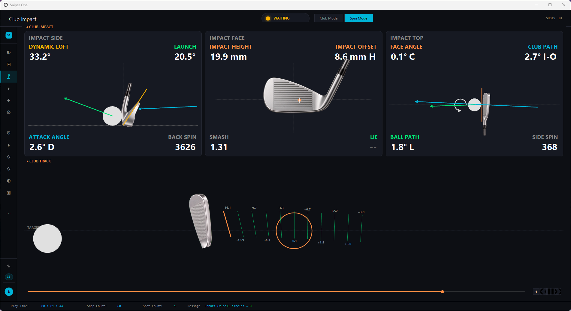 Sniper impact side, impact face, impact top and club track views